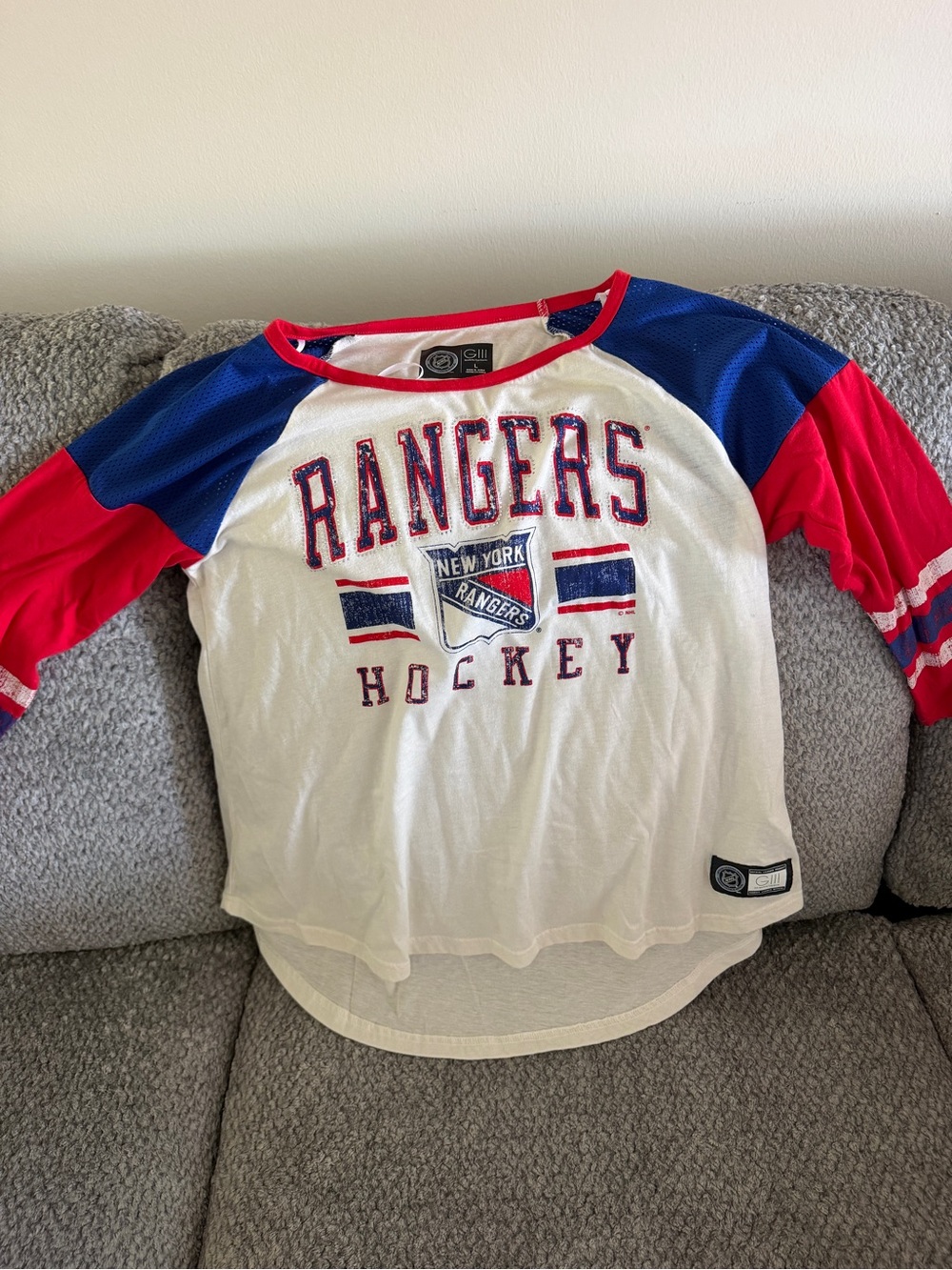 New York Rangers Kids Raglan Hockey Tee - White/Red/Blue
